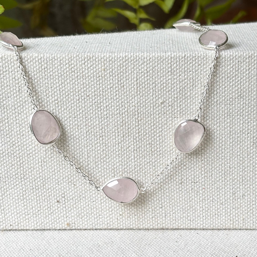Rose Quartz Sterling Silver Station Necklace – 16–18 Inch Adjustable