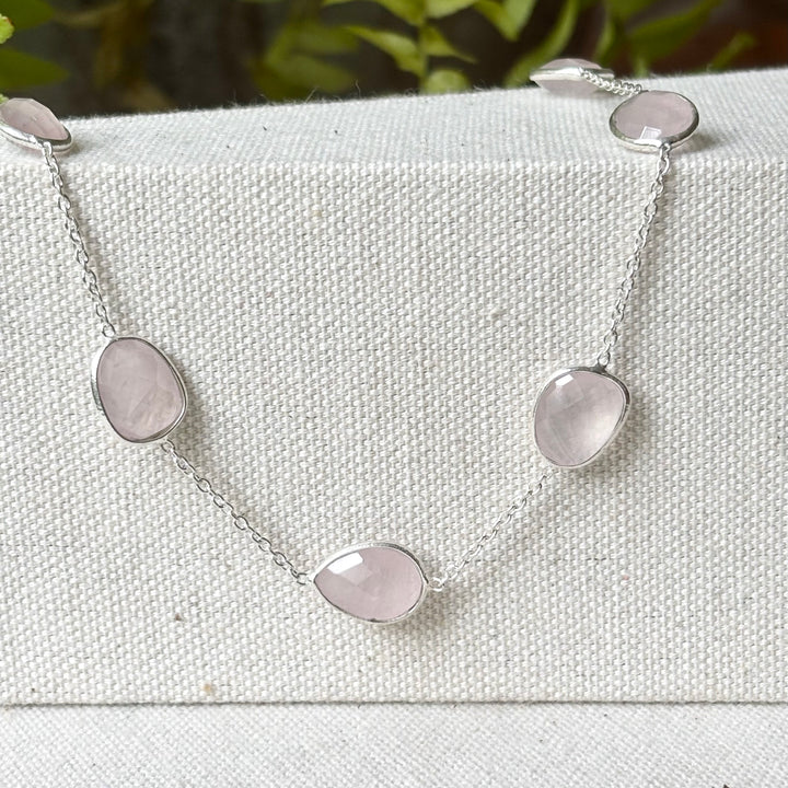 Rose Quartz Sterling Silver Station Necklace – 16–18 Inch Adjustable