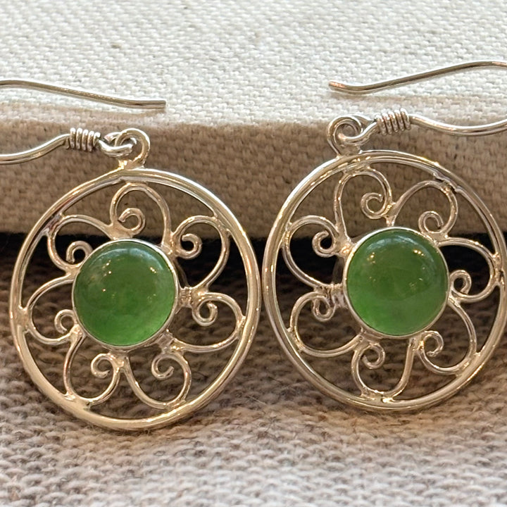 Round Jade Scroll Earrings in Sterling Silver
