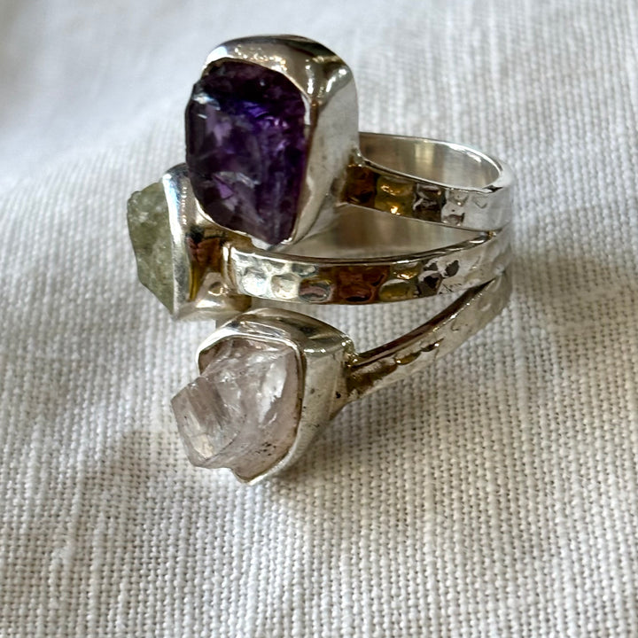 Raw Rose Quartz, Amethyst & Clear Quartz Silver Ring – Size N