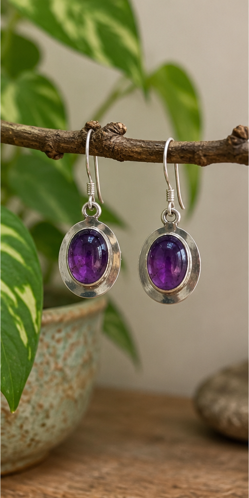 Sterling Silver Oval Amethyst Drop Earrings