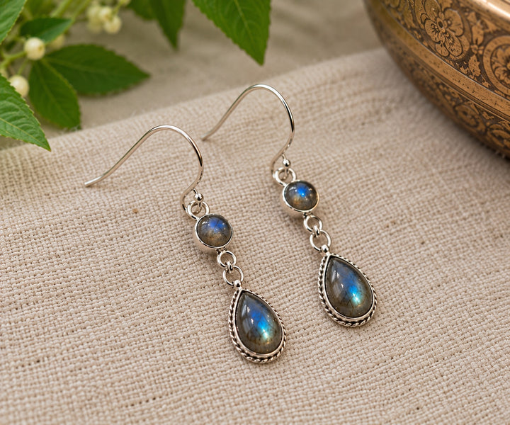 Blue Flash Labradorite Double Drop Silver Earrings