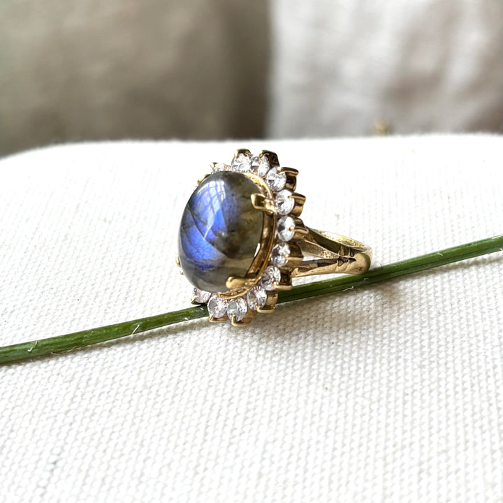 Handmade Panchadhatu Labradorite Halo Ring – Size L