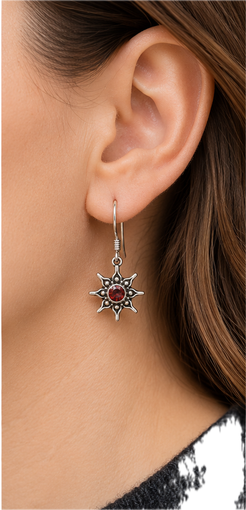 Handmade Sterling Silver Red Zirconia Sun Earrings
