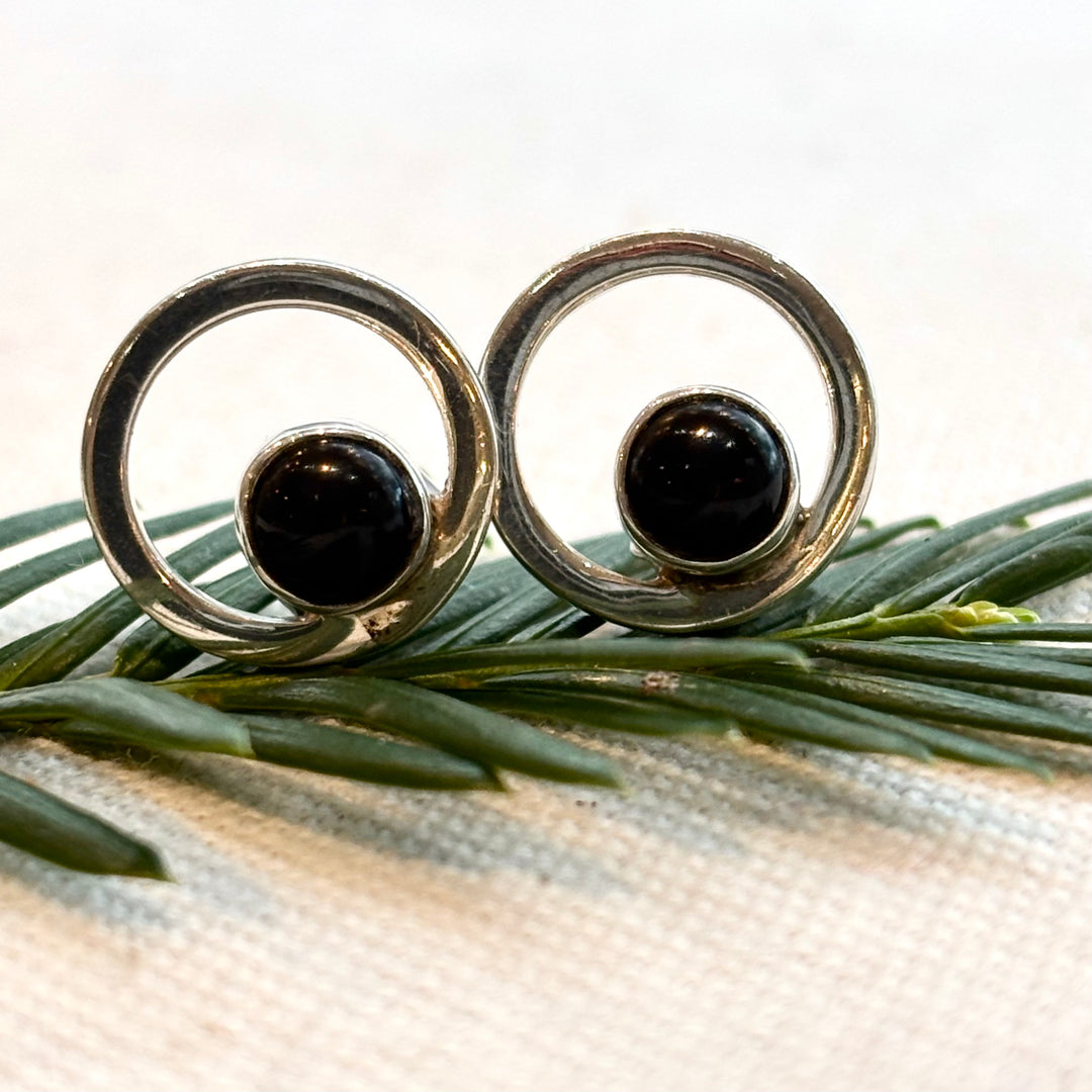 Sterling Silver Circle Stud Earrings with Black Onyx