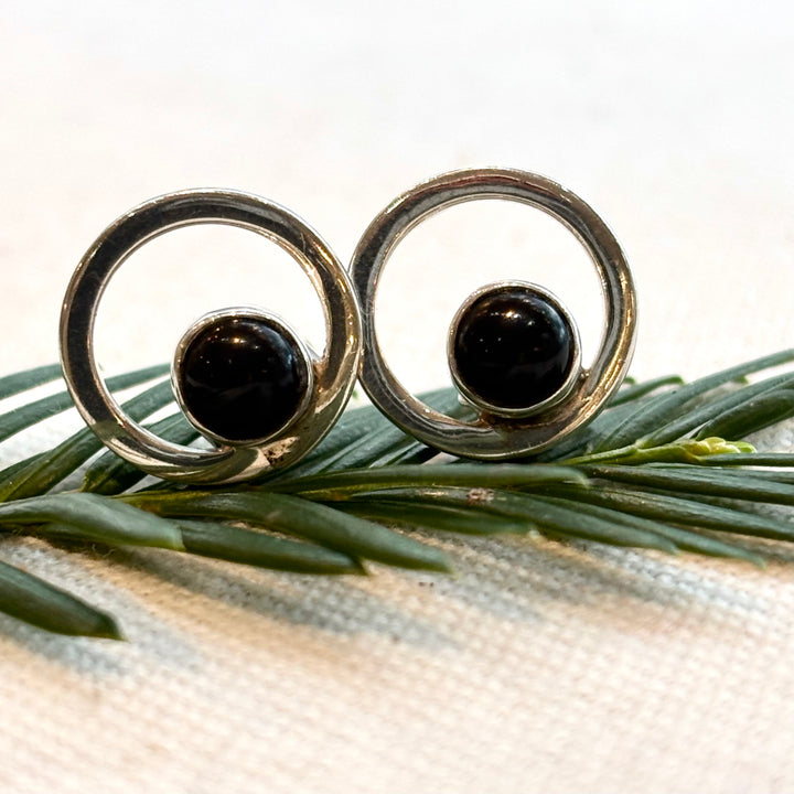 Sterling Silver Circle Stud Earrings with Black Onyx