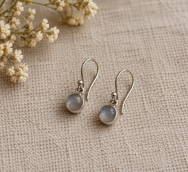 Sterling Silver Round Moonstone Drop Earrings