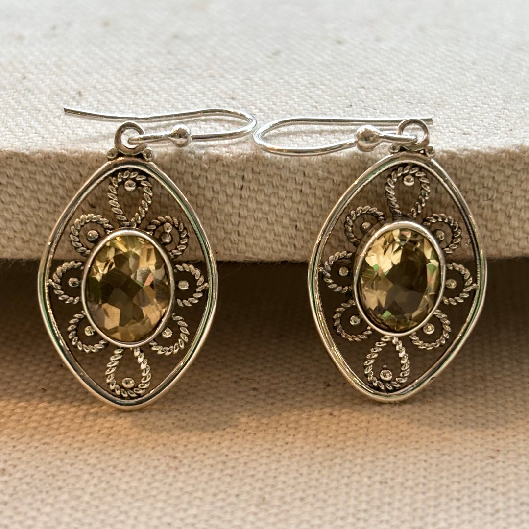 Golden Citrine Filigree Teardrop Earrings in Sterling Silver