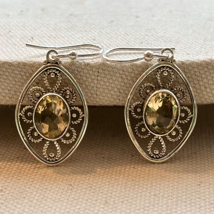 Golden Citrine Filigree Teardrop Earrings in Sterling Silver