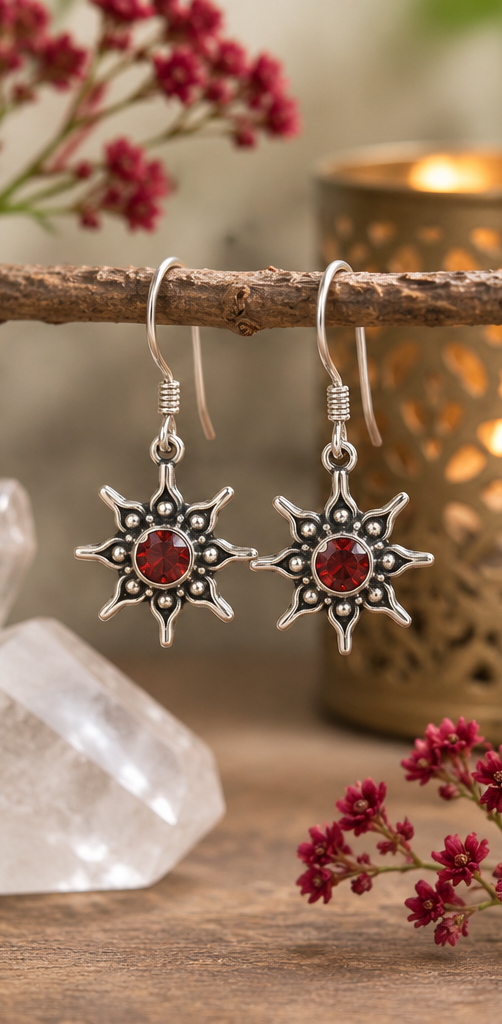 Handmade Sterling Silver Red Zirconia Sun Earrings