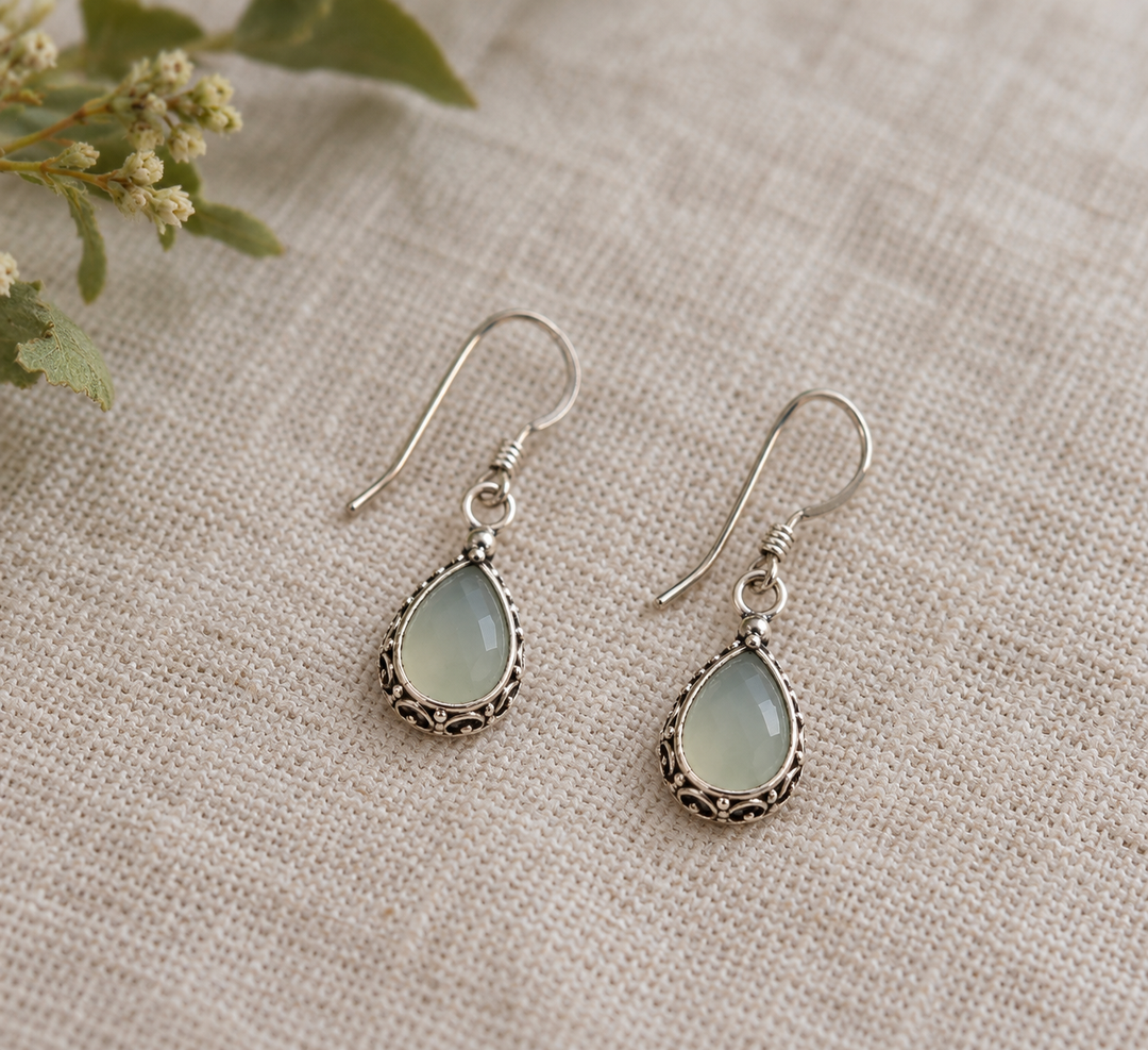 Pale Green Chalcedony Teardrop Sterling Silver Earrings