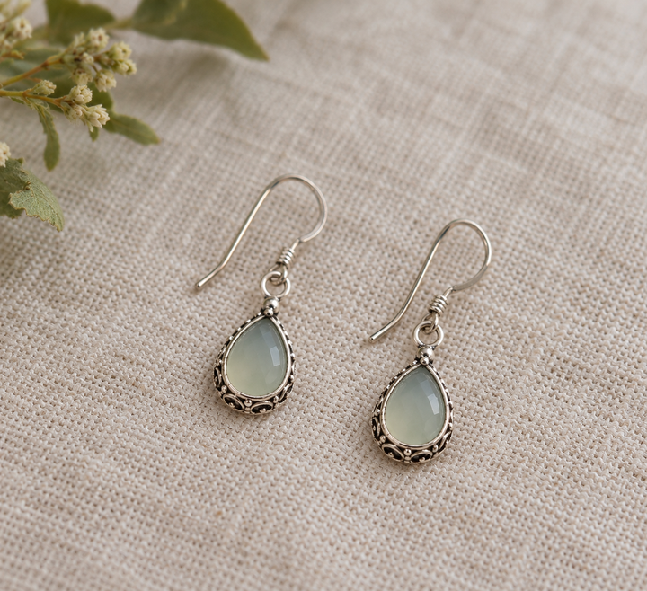 Pale Green Chalcedony Teardrop Sterling Silver Earrings