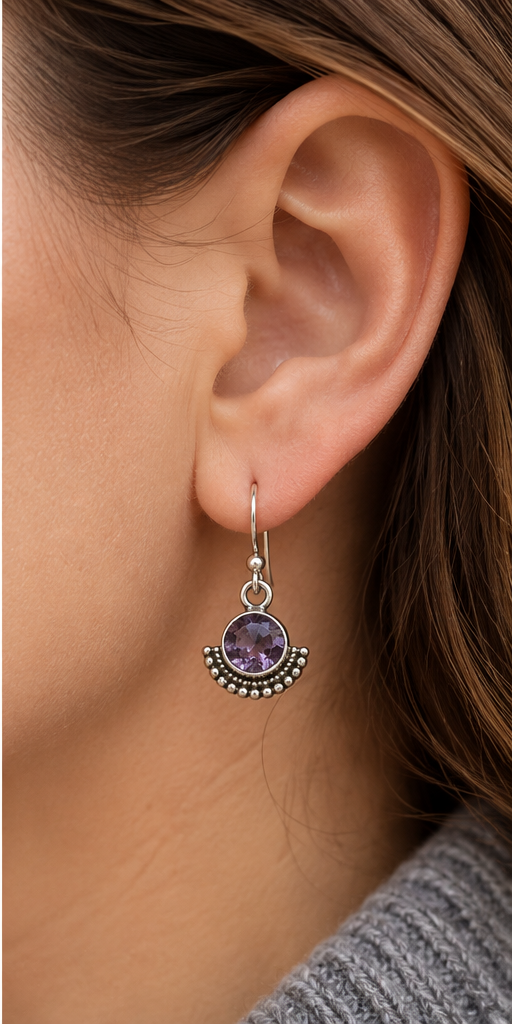 Sterling Silver Round Amethyst Earrings with Beaded Detail