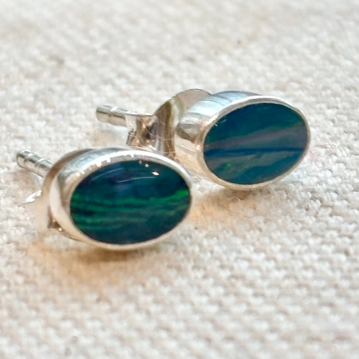 Small Sterling Silver Oval Opal Stud Earrings