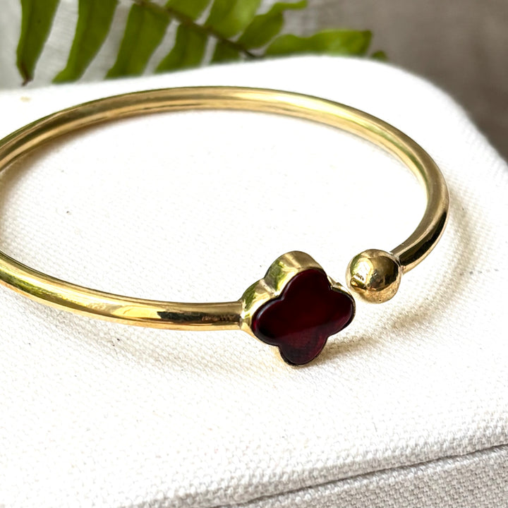 Handmade Panchadhatu Black Clover Open Cuff Bangle