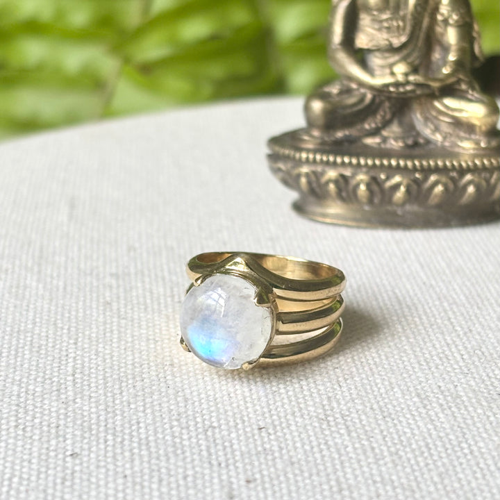Moonstone Statement Ring in Panchadhatu – Multi Band Design – Size L
