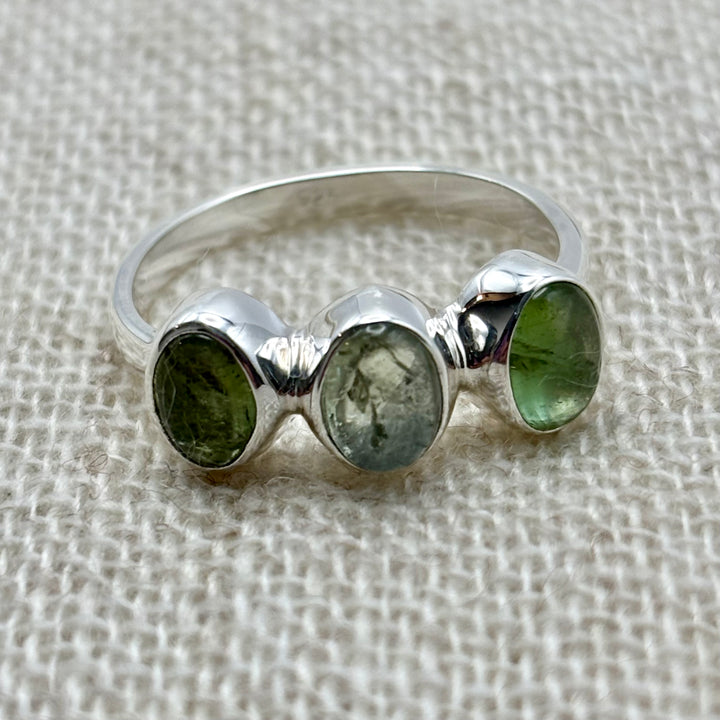 Forest Trio Green Tourmaline Ring – Sterling Silver (Size P)