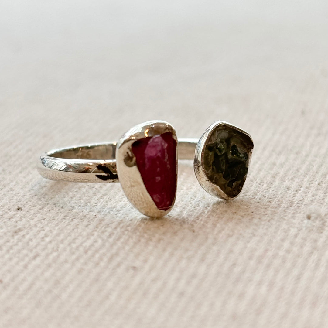 Sterling Silver Raw Pink & Green Tourmaline Ring – Size O