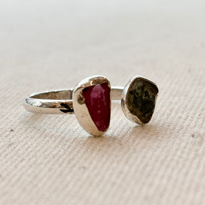 Sterling Silver Raw Pink & Green Tourmaline Ring – Size O
