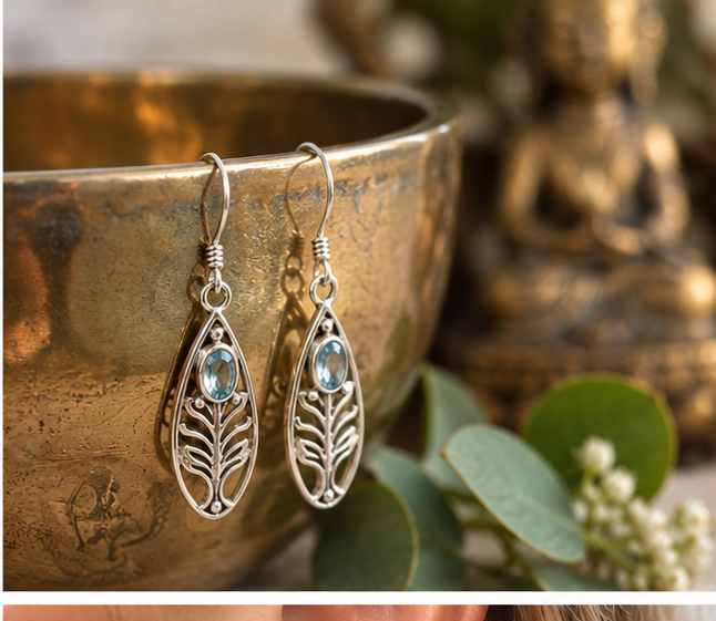 Blue Topaz Tree of Life Sterling Silver Drop Earrings