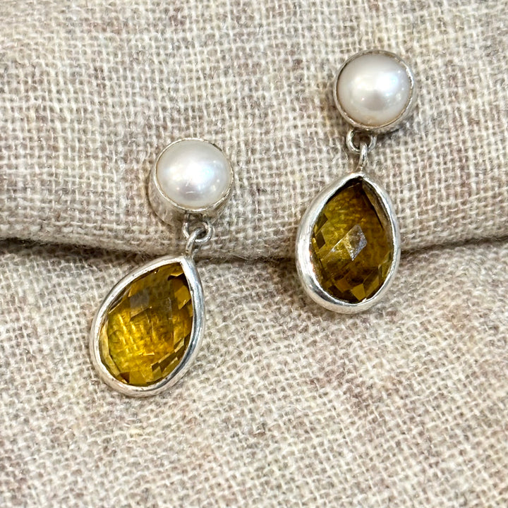 Citrine & Freshwater Pearl Teardrop Silver Earrings