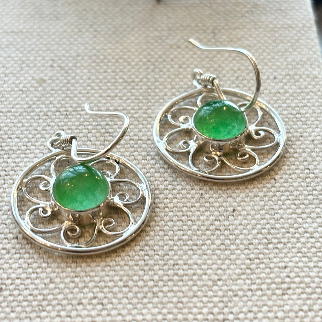 Round Jade Scroll Earrings in Sterling Silver