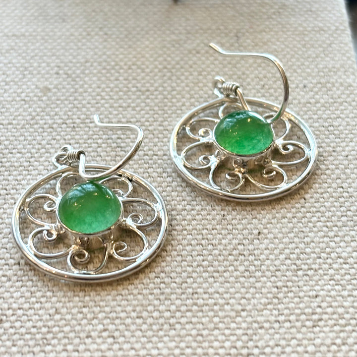 Round Jade Scroll Earrings in Sterling Silver