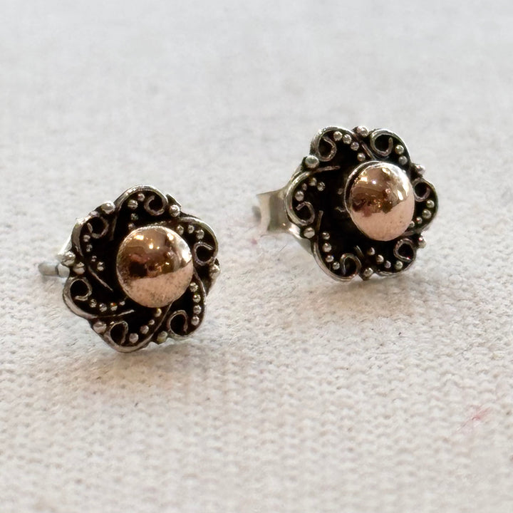 Silver Flower Stud Earrings with Gold Plated Centre