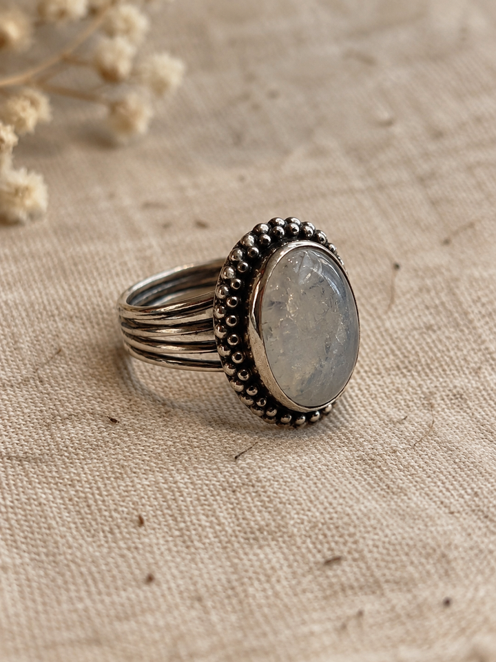 Oval Moonstone Silver Ring with Beaded Detail – Size N