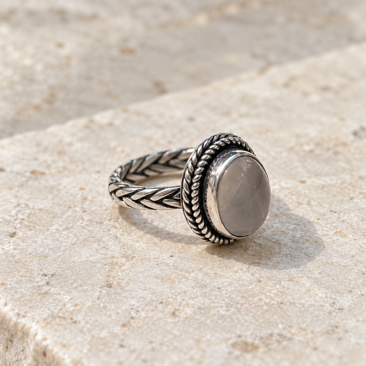 Rose Quartz Plaited Silver Ring