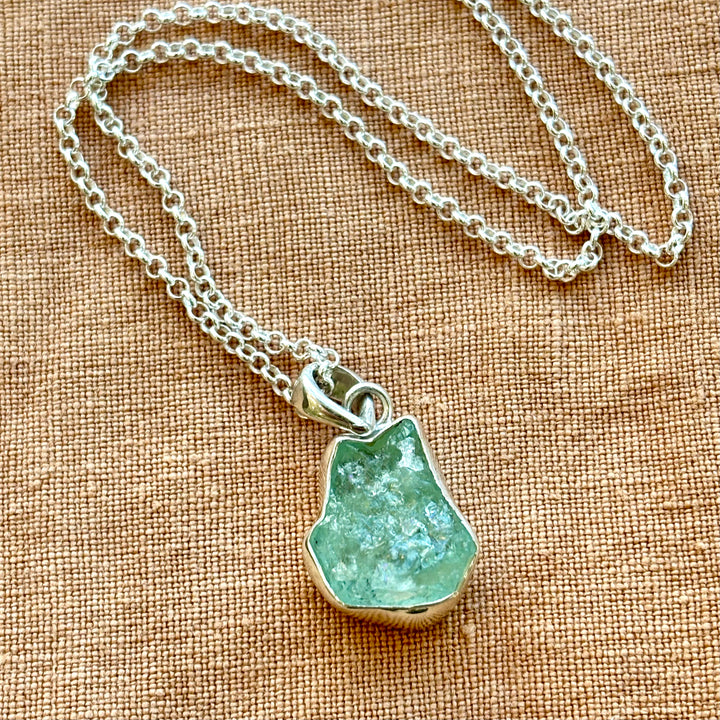 Raw Aquamarine Crystal Necklace – Sterling Silver – 18 Inch Chain