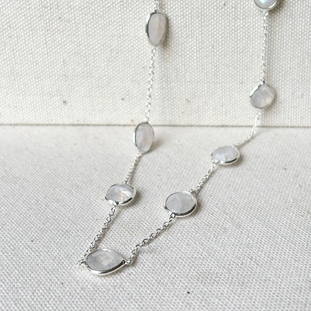 Moonstone Sterling Silver Station Necklace – 16–18 Inch Adjustable