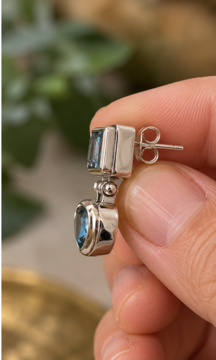 Blue Topaz Sterling Silver Double Drop Earrings