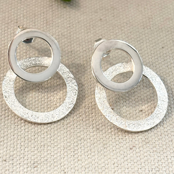 Handmade Double Circle Textured Silver Stud Earrings