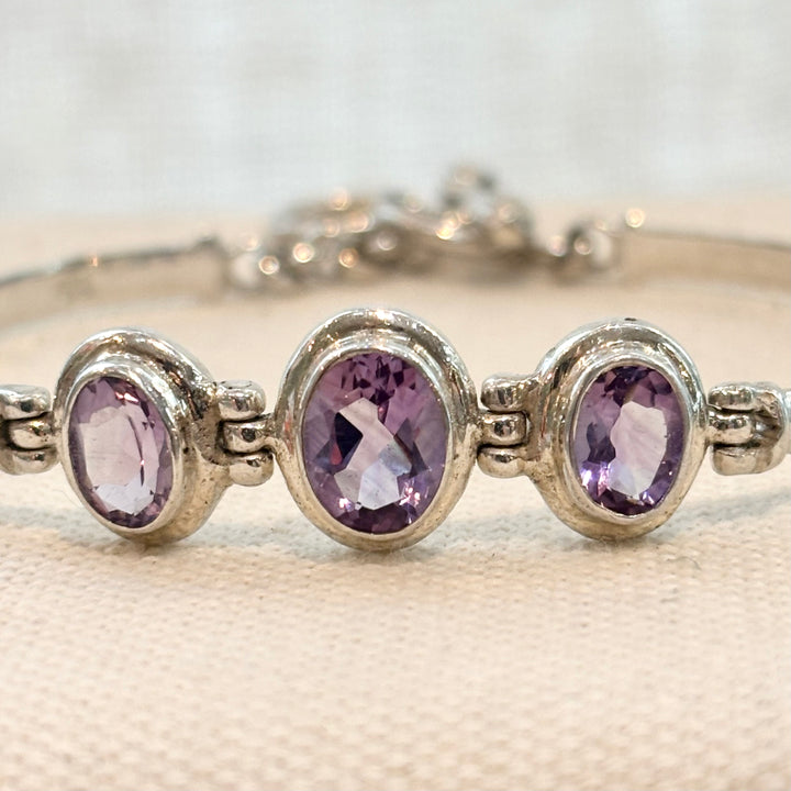 Amethyst Three Stone Silver Bracelet