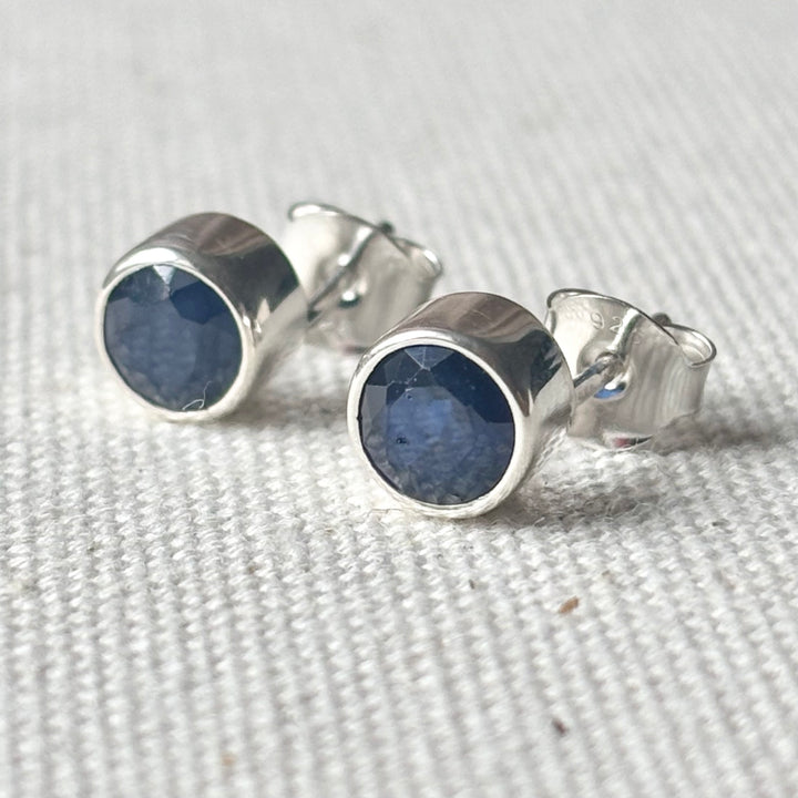 Blue Sapphire Stud Earrings – Sterling Silver Bezel Set Studs