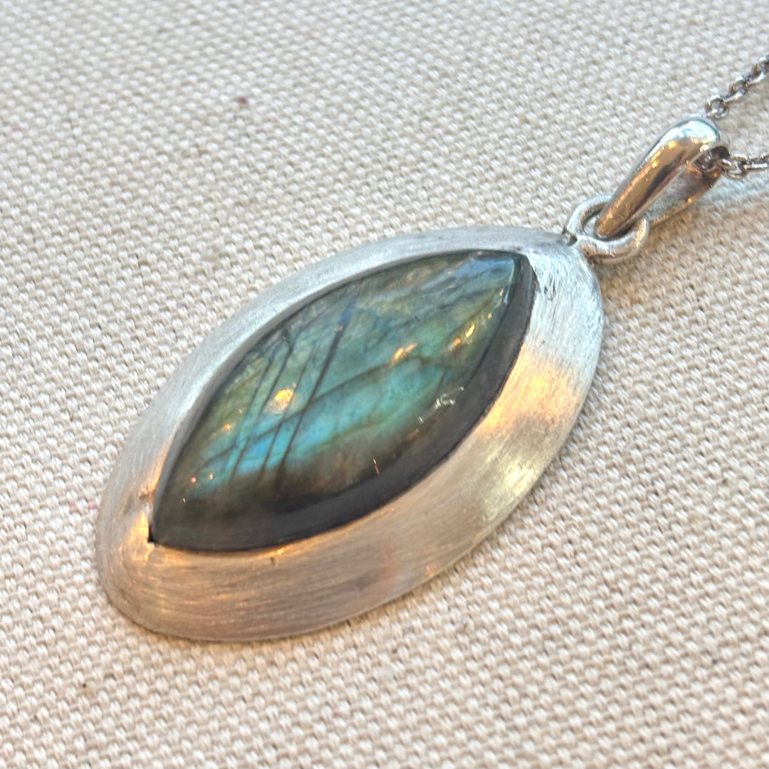 Large Labradorite Marquise Sterling Silver Necklace