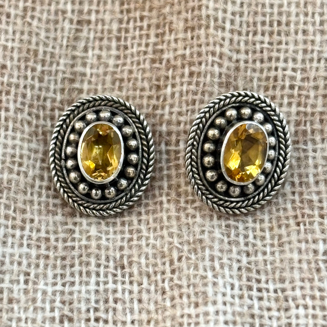 Large Citrine Silver Ornate Stud Earrings 14 x 10 mm