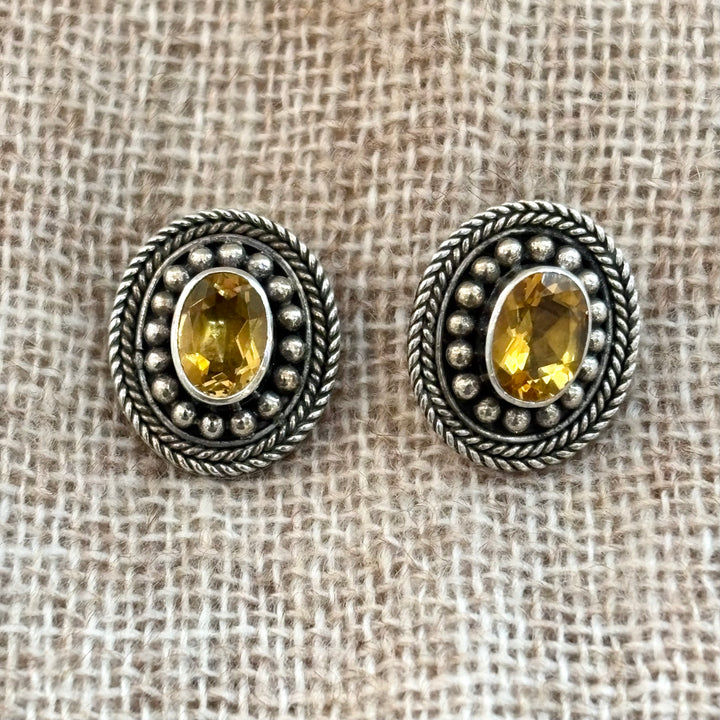 Large Citrine Silver Ornate Stud Earrings 14 x 10 mm