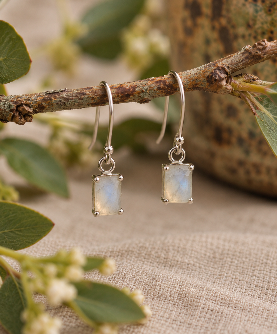 Rectangular Rainbow Moonstone Sterling Silver Drop Earrings