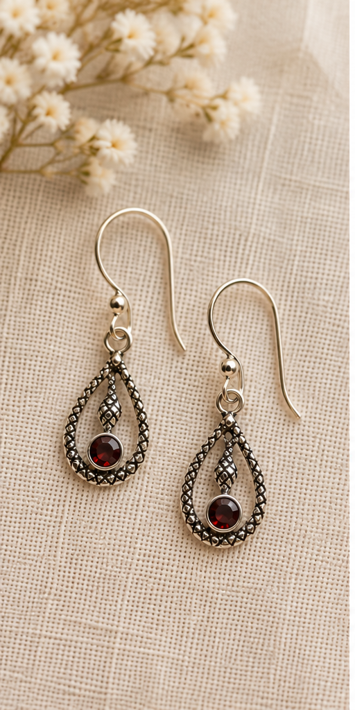 Sterling Silver Garnet Snake Design Drop Earrings