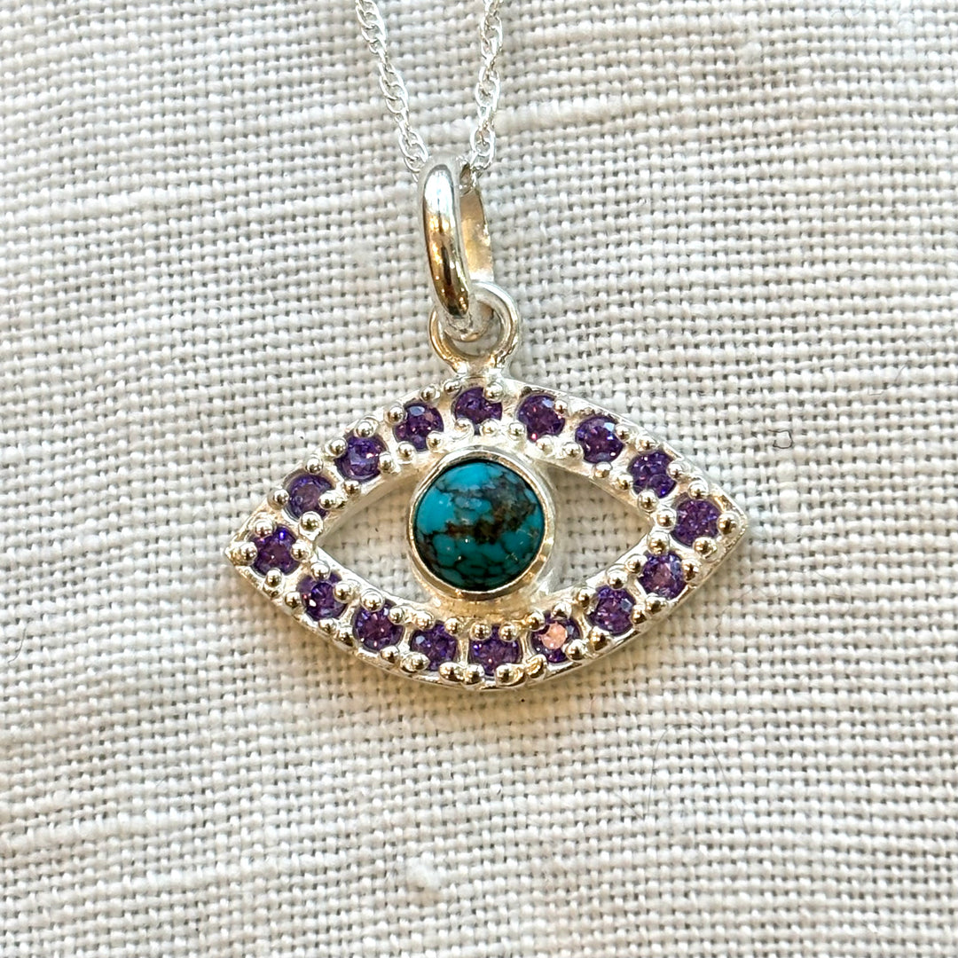 Turquoise & Purple Zircon Evil Eye Silver Necklace – 18 Inch Chain