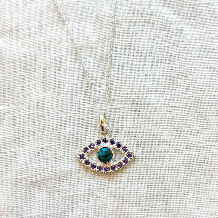 Turquoise & Purple Zircon Evil Eye Silver Necklace – 18 Inch Chain