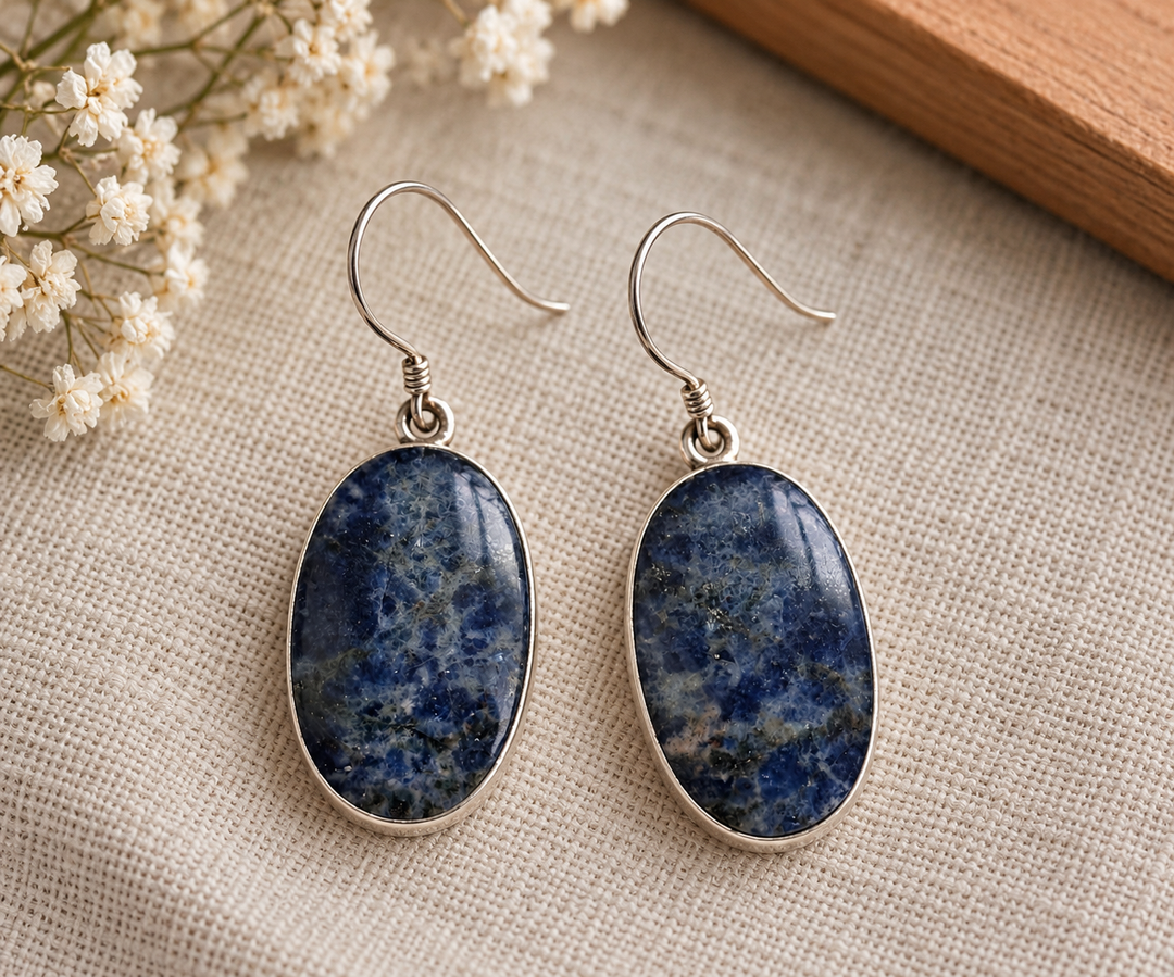 Dappled Sodalite Sterling Silver Oval Drop Earrings