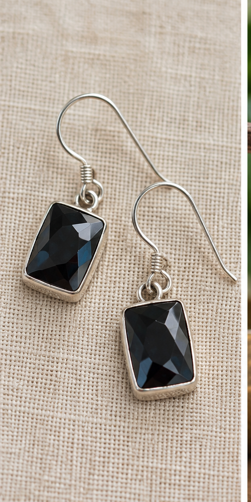 Sterling Silver Black Onyx Rectangular Drop Earrings
