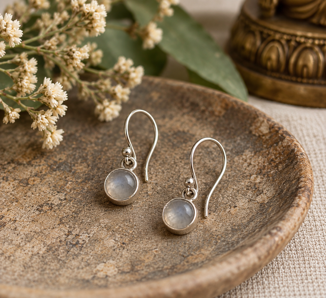 Sterling Silver Round Moonstone Drop Earrings