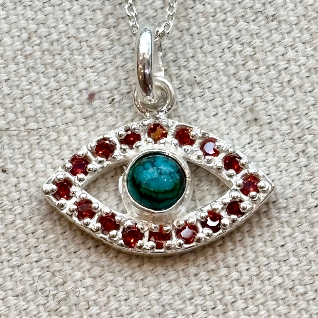 Turquoise & Purple Zircon Evil Eye Silver Necklace – 18 Inch Chain