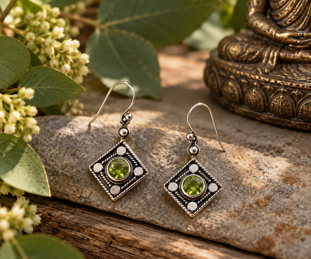Square Sterling Silver Earrings with Peridot
