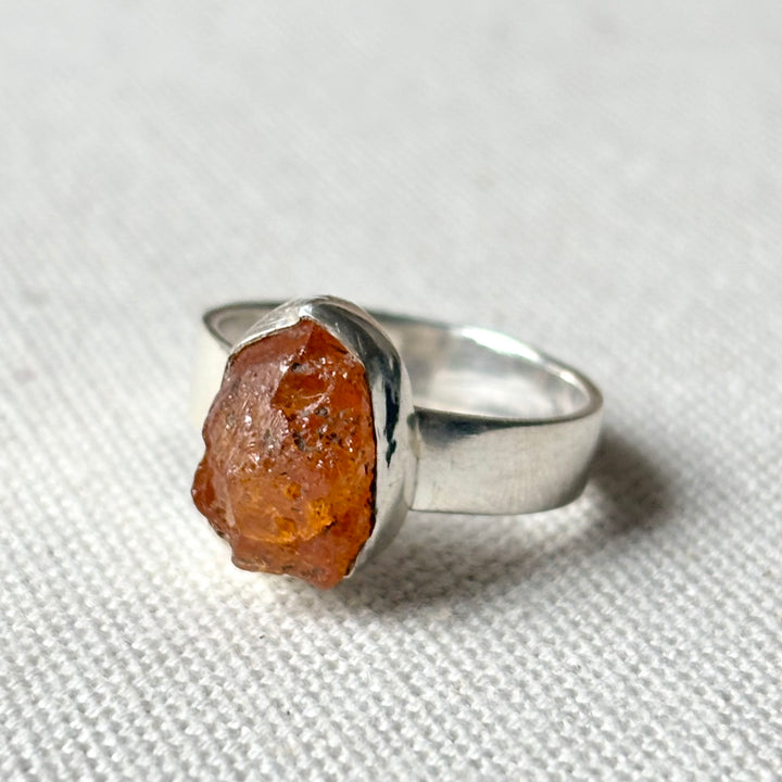 Raw Orange Garnet Sterling Silver Ring –  Size P