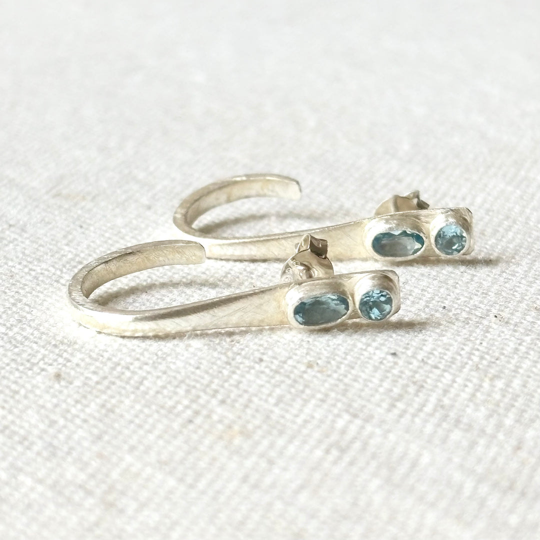 Handmade Blue Topaz Silver Open Hoop Stud Earrings